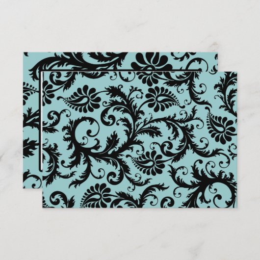 RSVP-kaarten - Zwart en wit Damask Aqua Blue RSVP Kaartje (Voorkant / Achterkant)