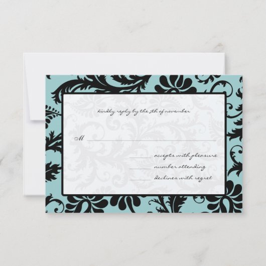RSVP-kaarten - Zwart en wit Damask Aqua Blue RSVP Kaartje (Achterkant)