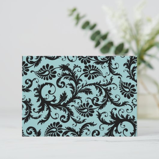 RSVP-kaarten - Zwart en wit Damask Aqua Blue RSVP Kaartje (Staand voorkant)