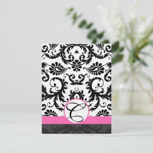 RSVP-kaarten - Zwart en wit Damask hot-roze sierst Kaart (Staand voorkant)