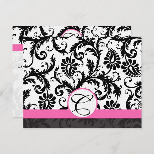RSVP-kaarten - Zwart en wit Damask hot-roze sierst RSVP Kaartje (Voorkant / Achterkant)