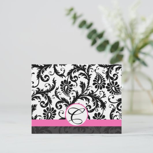 RSVP-kaarten - Zwart en wit Damask hot-roze sierst RSVP Kaartje (Staand voorkant)