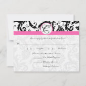 RSVP-kaarten - Zwart en wit Damask hot-roze sierst RSVP Kaartje (Achterkant)