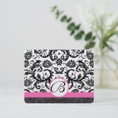 RSVP-kaarten - Zwart en wit Damask hot-roze sierst RSVP Kaartje (Staand voorkant)