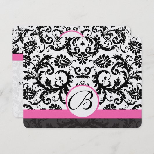 RSVP-kaarten - Zwart en wit Damask hot-roze sierst RSVP Kaartje (Voorkant / Achterkant)