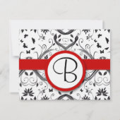 RSVP-kaarten - Zwart en wit Damask Red Trim RSVP Kaartje (Voorkant)