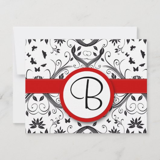 RSVP-kaarten - Zwart en wit Damask Red Trim RSVP Kaartje (Voorkant)