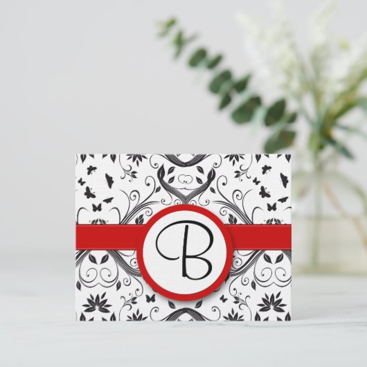 RSVP-kaarten - Zwart en wit Damask Red Trim RSVP Kaartje (Staand voorkant)