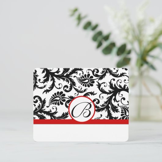 RSVP-kaarten - Zwart en wit Damask Red Trim RSVP Kaartje (Staand voorkant)