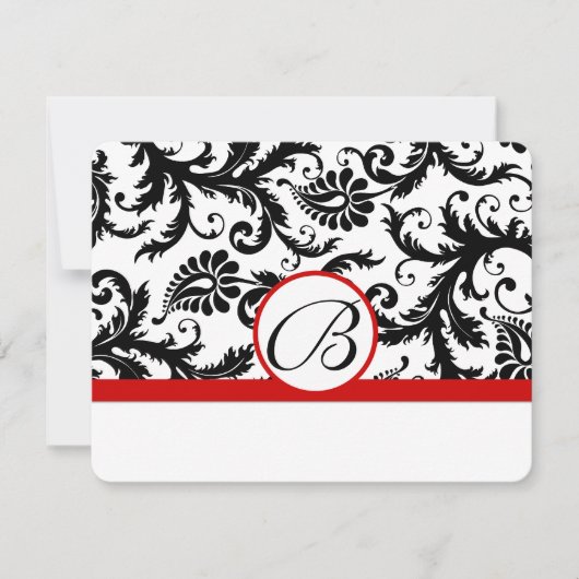 RSVP-kaarten - Zwart en wit Damask Red Trim RSVP Kaartje (Voorkant)