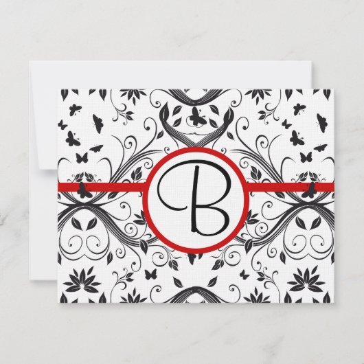 RSVP-kaarten - Zwart en wit Damask Red Trim RSVP Kaartje (Voorkant)