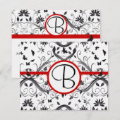 RSVP-kaarten - Zwart en wit Damask Red Trim RSVP Kaartje (Voorkant / Achterkant)