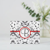 RSVP-kaarten - Zwart en wit Damask Red Trim RSVP Kaartje (Staand voorkant)
