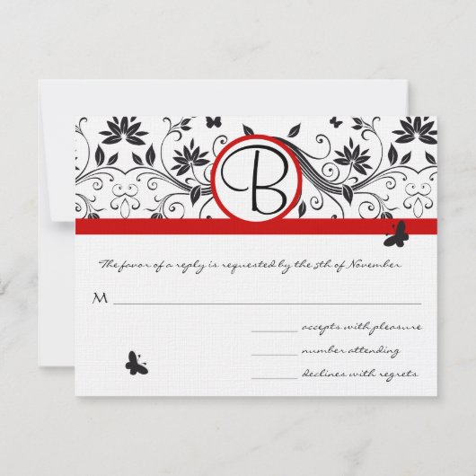 RSVP-kaarten - Zwart en wit Damask Red Trim RSVP Kaartje (Achterkant)