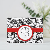 RSVP-kaarten - Zwart en wit Damask Red Trim RSVP Kaartje (Staand voorkant)