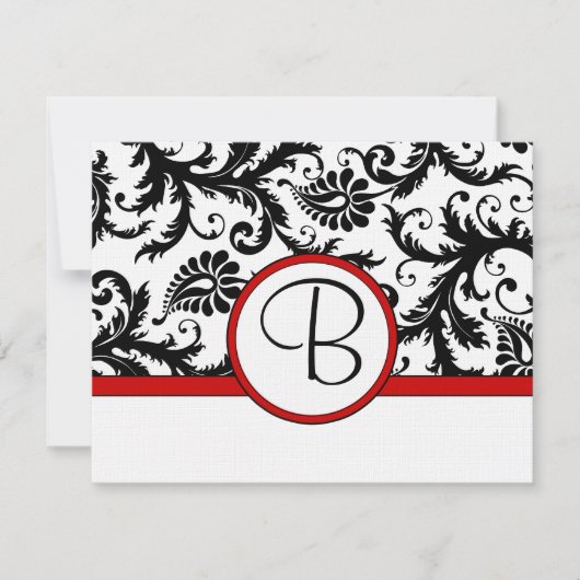 RSVP-kaarten - Zwart en wit Damask Red Trim RSVP Kaartje (Voorkant)