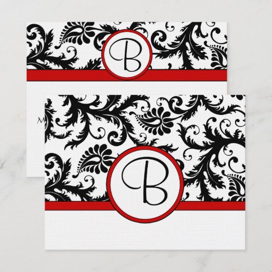 RSVP-kaarten - Zwart en wit Damask Red Trim RSVP Kaartje (Voorkant / Achterkant)