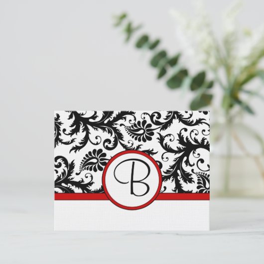 RSVP-kaarten - Zwart en wit Damask Red Trim RSVP Kaartje (Staand voorkant)