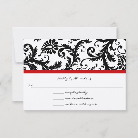 RSVP-kaarten - Zwart en wit Damask Red Trim RSVP Kaartje (Voorkant)