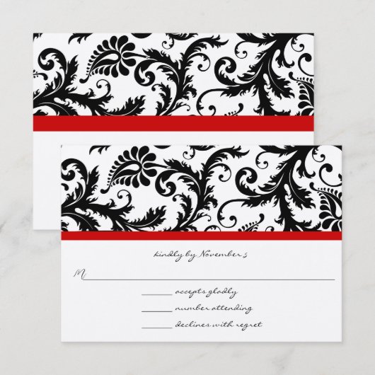 RSVP-kaarten - Zwart en wit Damask Red Trim RSVP Kaartje (Voorkant / Achterkant)