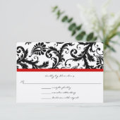 RSVP-kaarten - Zwart en wit Damask Red Trim RSVP Kaartje (Staand voorkant)