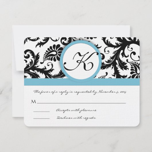 RSVP-kaarten - Zwart en witte Damaspoel Blauwe sie RSVP Kaartje (Achterkant)