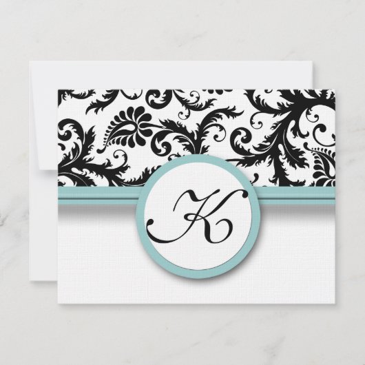 RSVP-kaarten - Zwart & Wit Damask Aqua Trim RSVP Kaartje (Voorkant)
