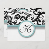 RSVP-kaarten - Zwart & Wit Damask Aqua Trim RSVP Kaartje (Voorkant / Achterkant)
