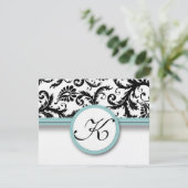 RSVP-kaarten - Zwart & Wit Damask Aqua Trim RSVP Kaartje (Staand voorkant)
