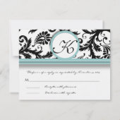 RSVP-kaarten - Zwart & Wit Damask Aqua Trim RSVP Kaartje (Achterkant)