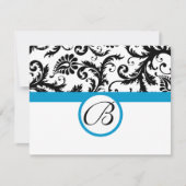 RSVP-kaarten - Zwart & Wit Damask Aqua Trim RSVP Kaartje (Voorkant)
