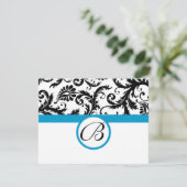 RSVP-kaarten - Zwart & Wit Damask Aqua Trim RSVP Kaartje (Staand voorkant)