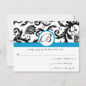 RSVP-kaarten - Zwart & Wit Damask Aqua Trim RSVP Kaartje (Achterkant)