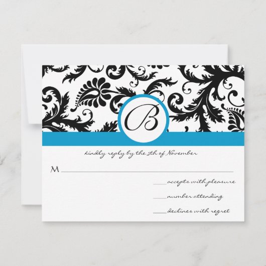 RSVP-kaarten - Zwart & Wit Damask Aqua Trim RSVP Kaartje (Achterkant)