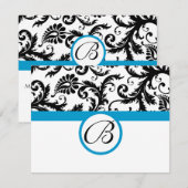 RSVP-kaarten - Zwart & Wit Damask Aqua Trim RSVP Kaartje (Voorkant / Achterkant)