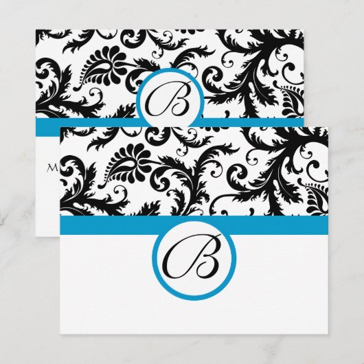RSVP-kaarten - Zwart & Wit Damask Aqua Trim RSVP Kaartje (Voorkant / Achterkant)