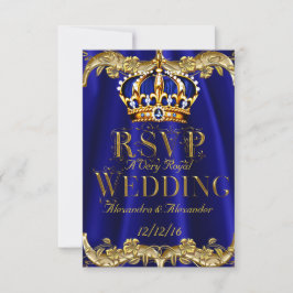 RSVP Koningsblauw Marine Huwelijk Gouden Kroon Kaartje
