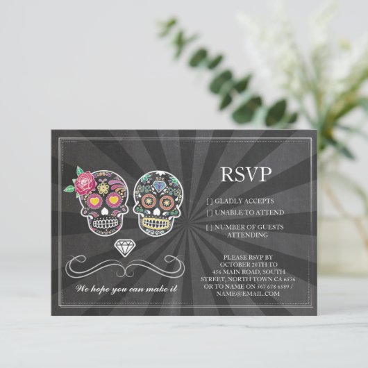 RSVP Krijt Bruiloft Rustic Suiker Schedel Bloemkaa Kaart (Staand voorkant)