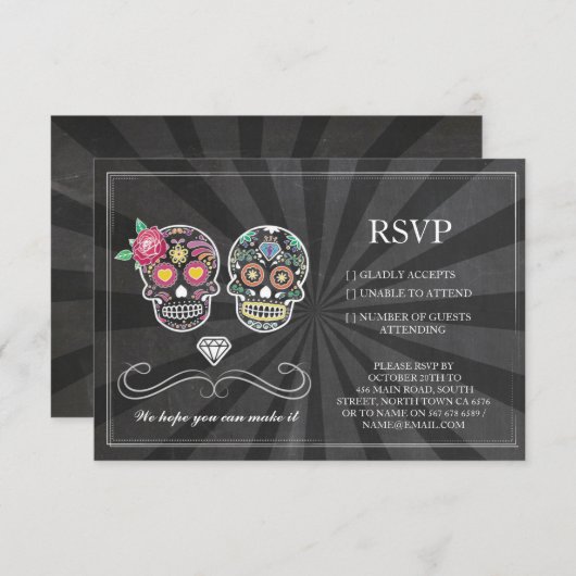 RSVP Krijt Bruiloft Rustieke Suiker Schedel Bloemk Kaart (Voorkant / Achterkant)