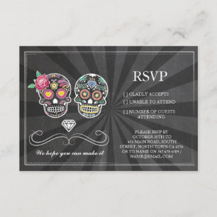 RSVP Krijt Bruiloft Rustieke Suiker Schedel Bloemk Kaart