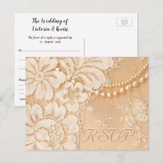 RSVP Lace en Pearls Uitnodiging Briefkaart (Voorkant / Achterkant)