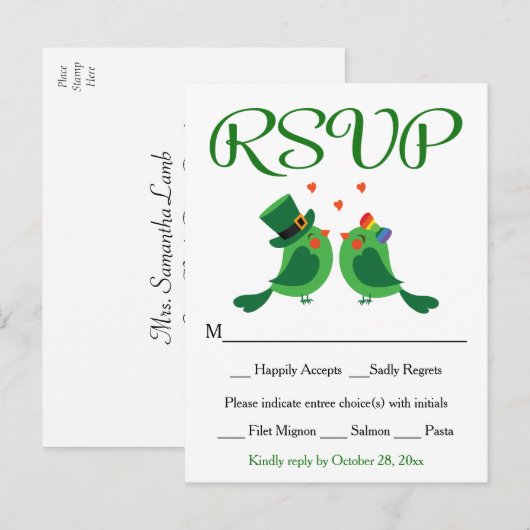 RSVP Lovebird Green & White Wedding Party Kaart (Voorkant / Achterkant)