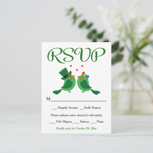 RSVP Lovebird Green & White Wedding Party Kaart (Staand voorkant)