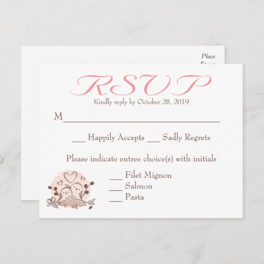 RSVP Lovebirds Roze en Bruin Reactie Kaart (Voorkant / Achterkant)