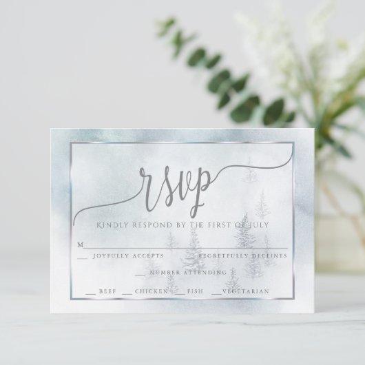 RSVP-maaltijdkeuze | Silver Blue Winter Wonderland RSVP Kaartje (Staand voorkant)