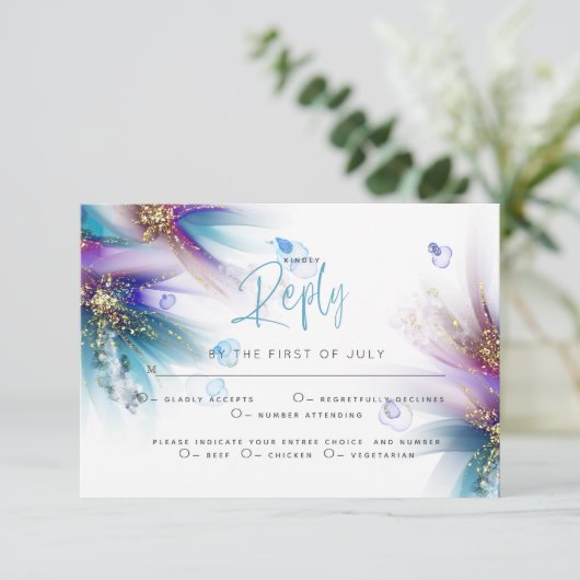 RSVP MEAL CHOICE | Blauwgroen Paarse Abstracte Flo (Staand voorkant)