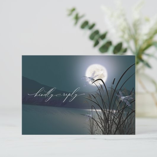 RSVP Menu Dusty Blauwgroen Full Moon Dragonfly Pon Kaart (Staand voorkant)