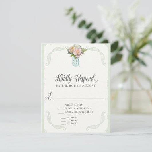 RSVP Menu Keuze Mason Jar Rozen Script Typografie (Staand voorkant)