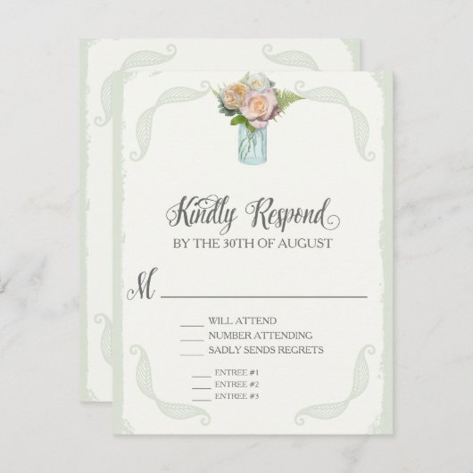 RSVP Menu Keuze Mason Jar Rozen Script Typografie (Voorkant / Achterkant)