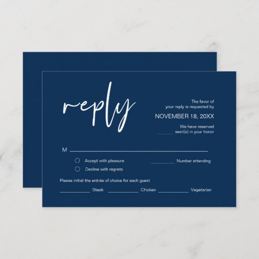 RSVP, met maaltijdopties, Navy Blue font En Informatiekaartje (Voorkant / Achterkant)